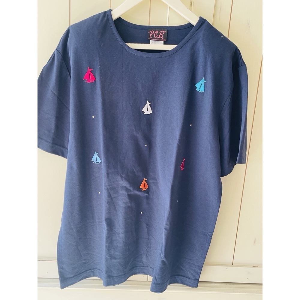Vintage P.G.B. Sailboat Top Women's 1X Embroidered Shoulder Pads Navy